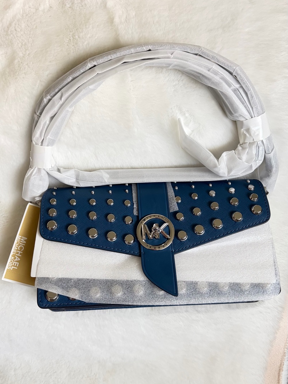Michael Kors river Blue Studded Shoulder Bag with Silver Hardware NWT
